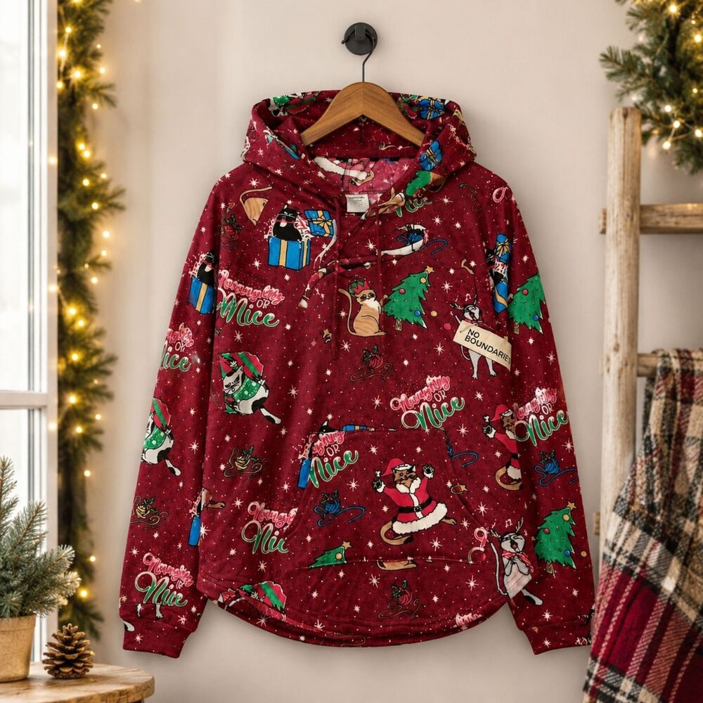No Boundaries Naughty or Nice Christmas Cat Hooded Pullover Sweatshirt – M 8-10